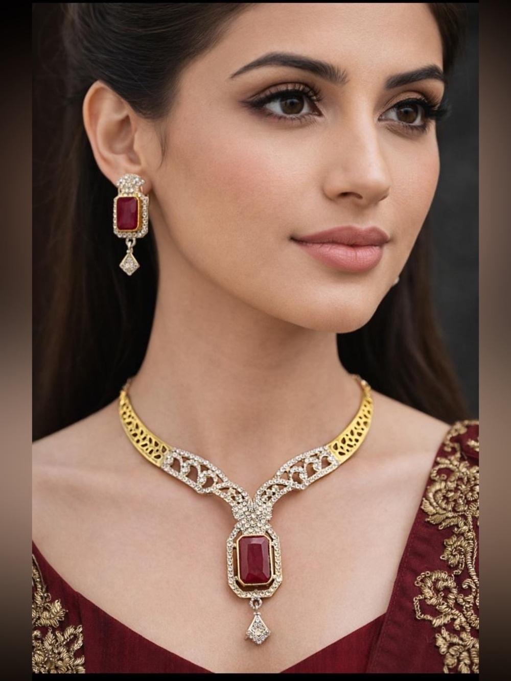 Gold and Ruby Statement Necklace & Earrings Set - Women Jewelry